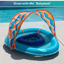 Blue baby pool float with striped canopy and rounded cushioned inner ring
