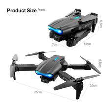 Drone size diagram with labeled folded and unfolded dimensions