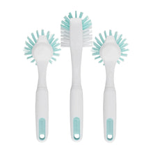 Dish brush set of 3 with teal bristles on white handles, rounded scrub heads