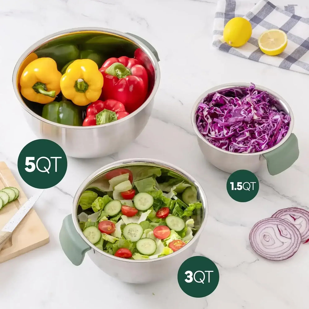 COOK WITH COLOR Stainless Steel Mixing Bowls Set and Measuring Cups- Nesting Bowls with Non-Slip Bottom and Easy-Grip Handles, 11 Pieces - USA MEGA SHOP