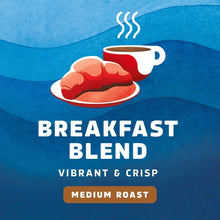 Breakfast Blend medium roast coffee label with cup and roasted bean graphic