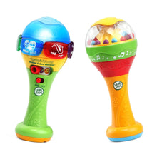Two maracas with blue and green handles and orange base, translucent shaker domes