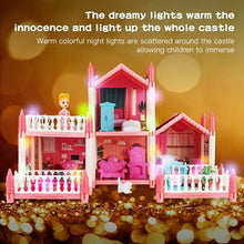 Pink princess dollhouse playset with warm glowing lights and open rooms