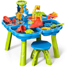 Dinosaur sand and water table with blue twin basins, green legs, and multicolor water toys