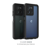Black waterproof phone case with clear back panel and camera cutouts, two angles