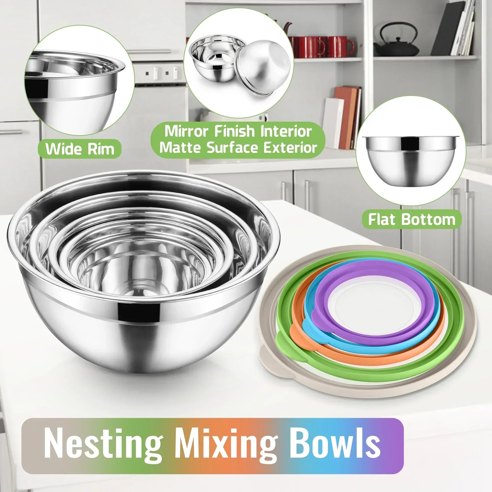 Vesteel Mixing Bowls with Lids Set of 8, Stainless Steel Prep Bowls with Upgraded Airtight Visible Lid, Metal Nesting Bowl Attach with 3 Graters for Kitchen Grating/ Shredding / Mixing - USA MEGA SHOP