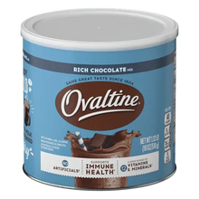 Rich chocolate drink mix tub with blue Ovaltine label and silver lid
