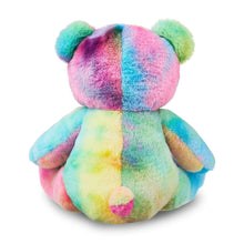 Multicolor bear plush toy back view with rainbow fur and small paw details.