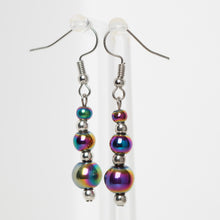 Rainbow iridescent bead earrings with silver hooks and stacked spacer beads