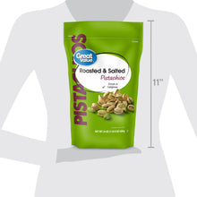 Roasted & salted pistachios bag on green package with pistachio kernel graphics