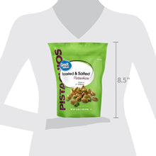 Roasted salted pistachios bag with size shown as 8.5 in height