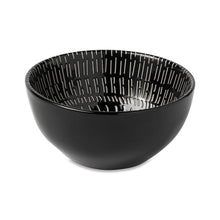 Black stoneware serving bowl with concentric radial pattern interior