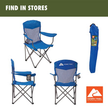 Blue mesh camping chair with multiple angles and matching storage bag