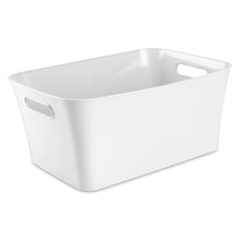White plastic storage bin with side carry handle, open top