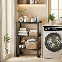 Black 3-tier wire shelving unit with linens, baskets, and storage boxes