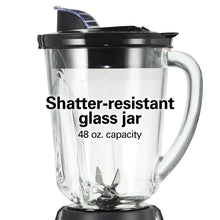 Shatter-resistant glass jar blender with black lid and 48 oz capacity