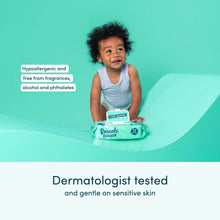 Hypoallergenic sensitive wipes pack held by baby, free from alcohol and fragrances
