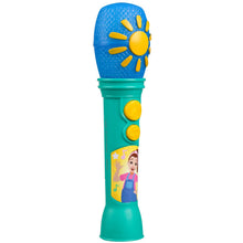 Teal sing-along microphone with textured blue top and yellow sun light on front