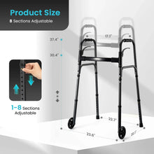 Adjustable folding walker with black frame, height sections, and four wheels