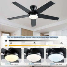 Flush-mount ceiling fan with LED light, black housing and blades
