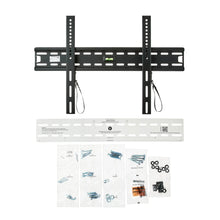 Black fixed TV wall mount bracket with included hardware bag and instruction sheets