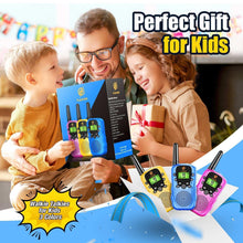 Three kids walkie-talkies in blue, pink, and yellow with LCD screens and antennas