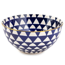 Blue and white geometric ceramic bowl with gold rim edge