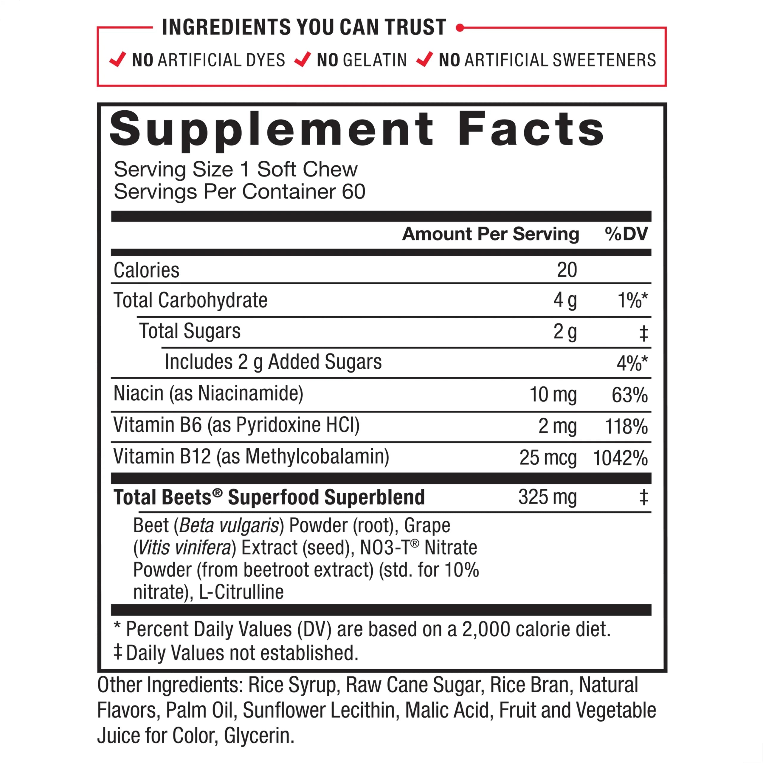 Force Factor Total Beets, Beet Root Supplement with Beetroot Powder for Heart Health, Nitric Oxide & Energy, Acai Berry, 60 Soft Chews