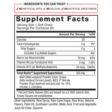 Supplement Facts label for Force Factor beetroot soft chews with beet blend ingredients