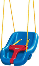 Blue swing seat with red front bar and yellow rope straps, side view