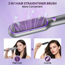 Gray hair straightening brush with purple heated bristle comb and rounded handle