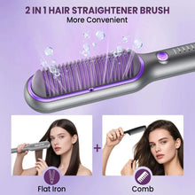 2-in-1 hair straightener brush with comb bristles and temperature control light