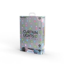 Curtain string lights retail box showing 200 LEDs and multicolor light design