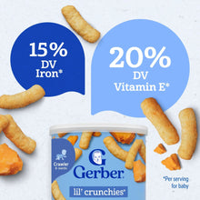 Gerber lil’ crunchies mild cheddar snack container with nutrition callouts