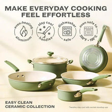 Green ceramic nonstick frying pan with helper handle and cream cooking surface