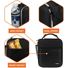 Black insulated lunch box with side pocket and double-zip front compartments
