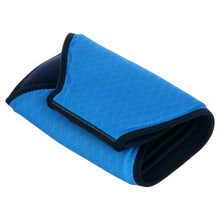 Blue hex-pattern compression wrap with black trim and curved gel panel