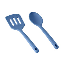 Blue silicone kitchen utensils set: slotted turner and spoon
