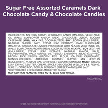 Ingredients list for sugar-free assorted caramel chocolates, maltitol syrup and cocoa