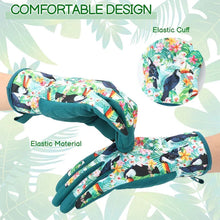 Floral gardening gloves with teal elastic cuffs and multicolor flower print