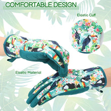 Floral gardening gloves with teal elastic cuff and reinforced palm padding