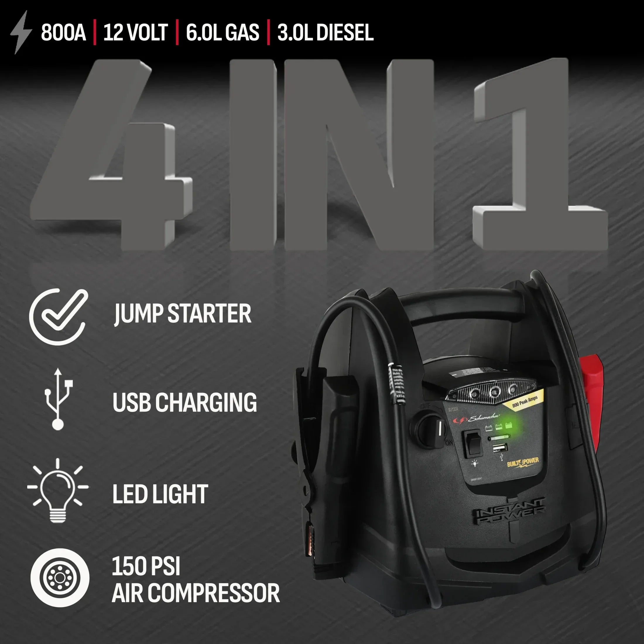 Schumacher Electric 800A Car Battery Jump Starter and Portable Power Station, 150-PSI Air Compressor, 12V Sport, Auto, and Marine Batteries, SJ1583