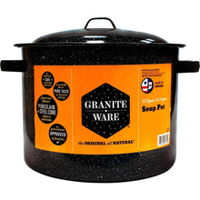 Granite-Ware speckled black stock pot with front product label