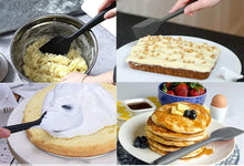 Black silicone spatula set shown mixing and spreading batter and baked foods.