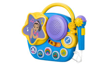 Compact blue karaoke boombox with purple speaker and yellow microphone, music icons.