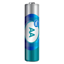 AA alkaline battery with silver top and teal body