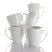 White porcelain mug set, five mugs with curved handles, glossy finish, front view
