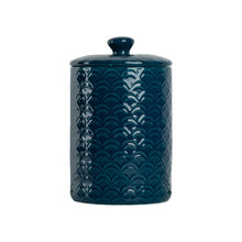 Navy blue ceramic food storage canister with sea-shell pattern and round knob lid