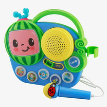 Children's boombox karaoke microphone with green frame and yellow speaker panel