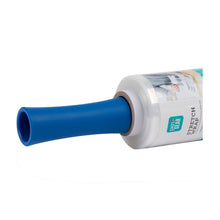 Clear plastic stretch wrap roll with blue-core tube, unwrapped film end